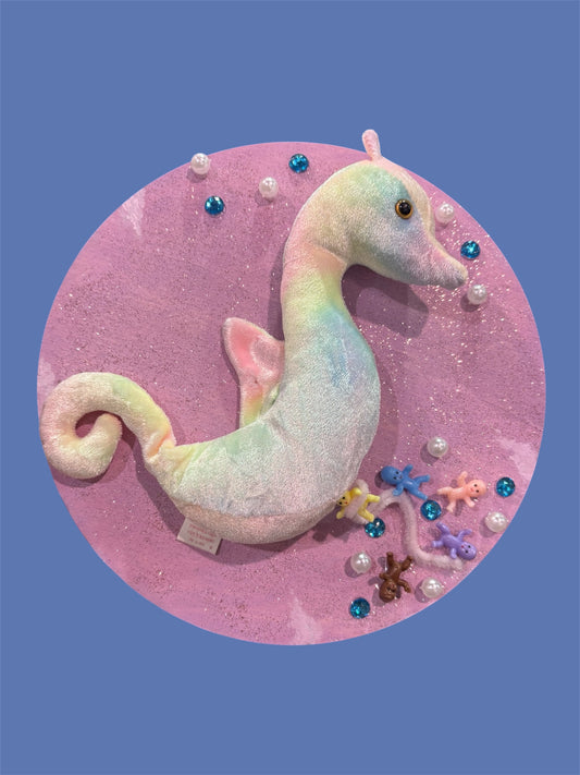 Pink seahorse birth taxidermy wall art